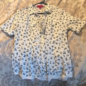 White cotton button up blouse with blue florals